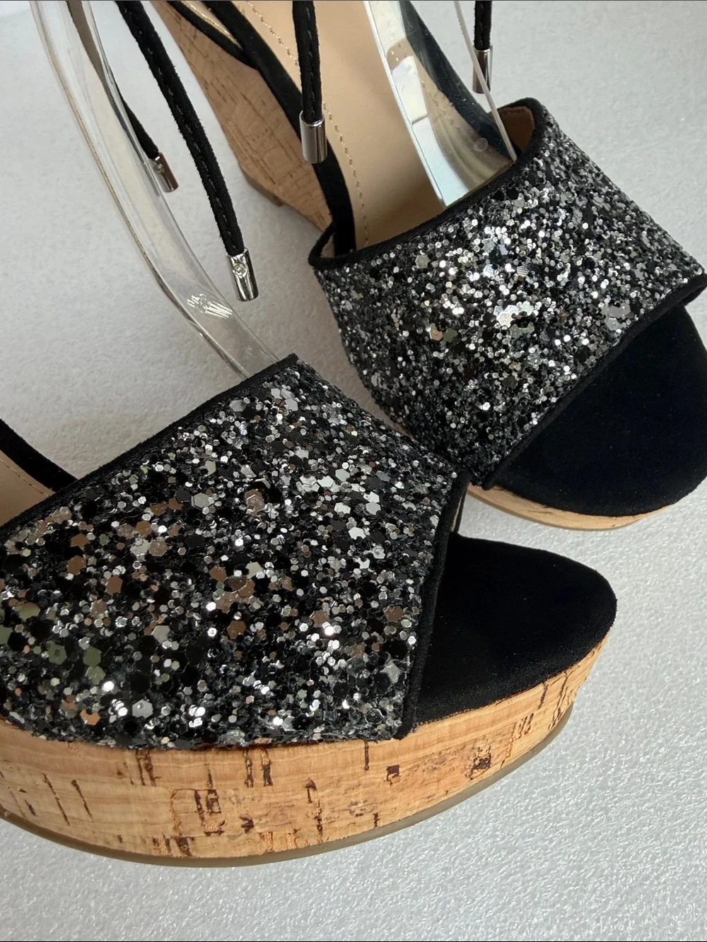Guess Black Glitter Cork Wedge Sandals with Ankle Tie